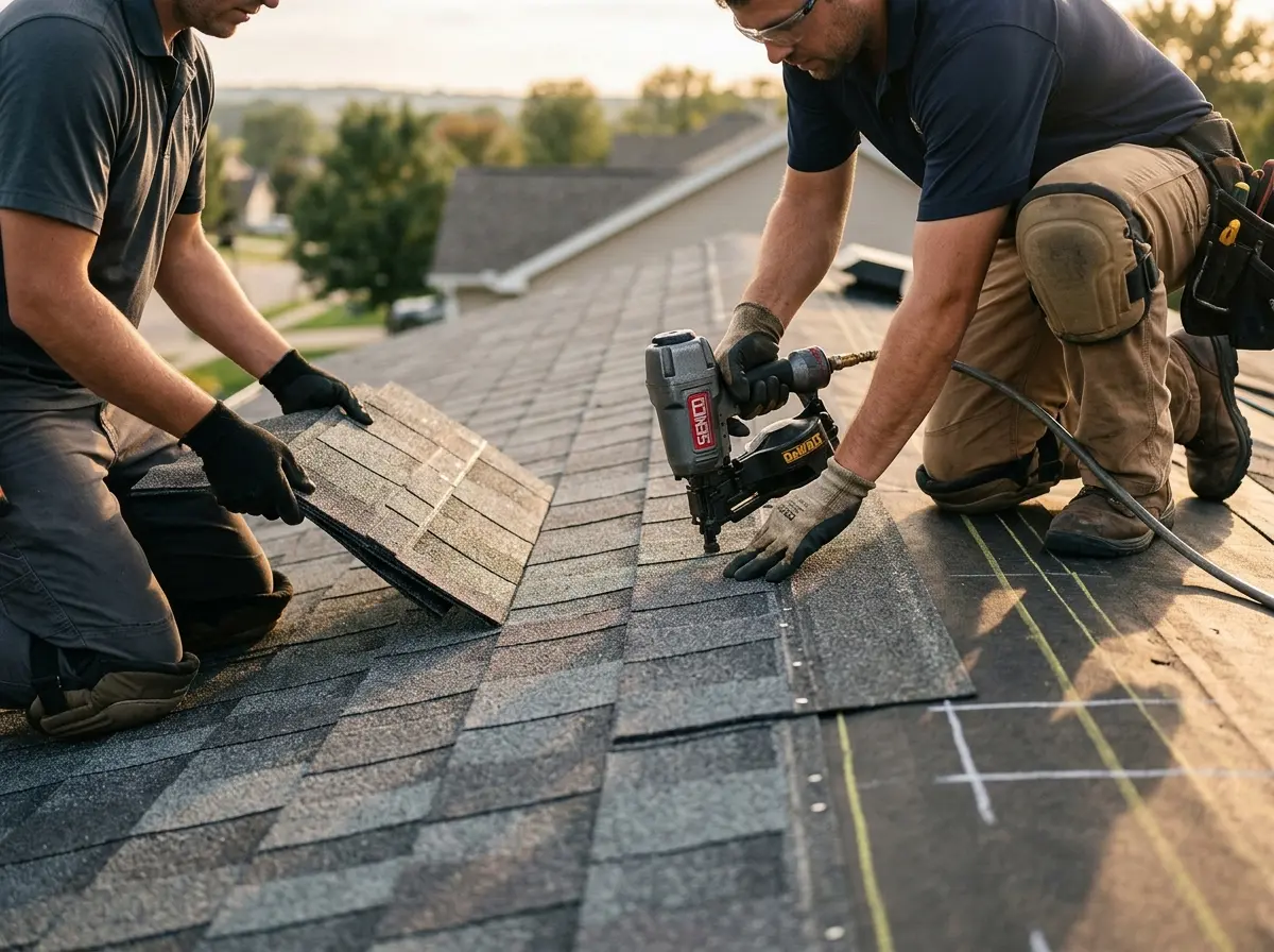 Professional roofer working on a residential roof in Merrimack